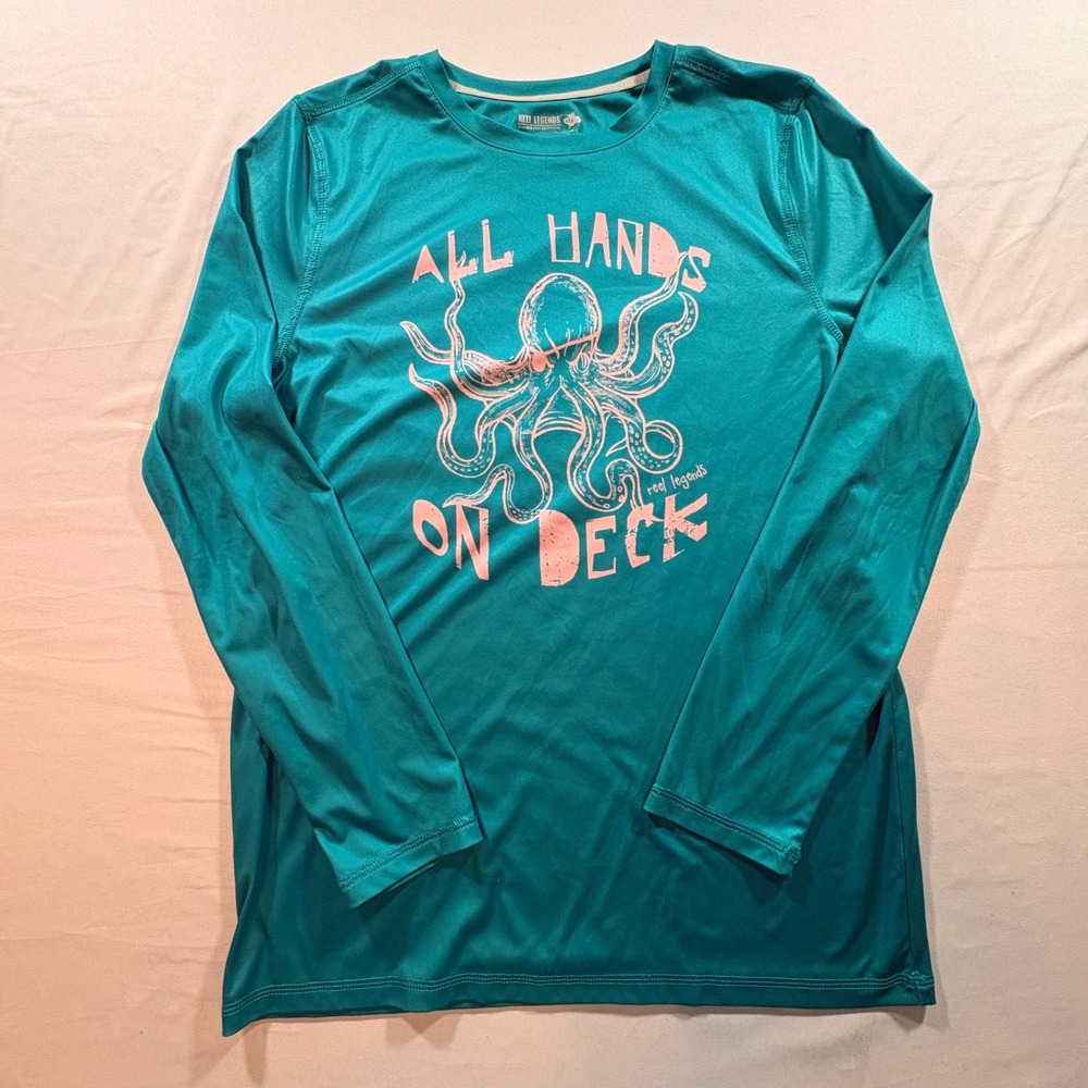 Reel Legends Fishing Shirt Boys XL 16 Teal Long Sleeve Performance Octopus Tee